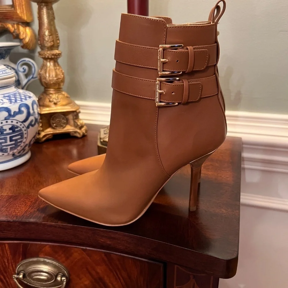 EUC Michael Kors Amal Luggage Brown Leather Stiletto Ankle Bootie Boots Size 7.5 - Picture 5 of 9